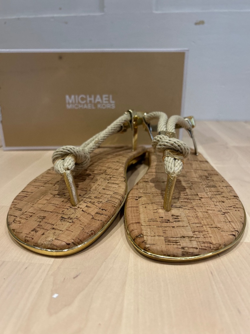 Michael Kors Cork & Rope Thong Sandal with Gold Hardware - NIB